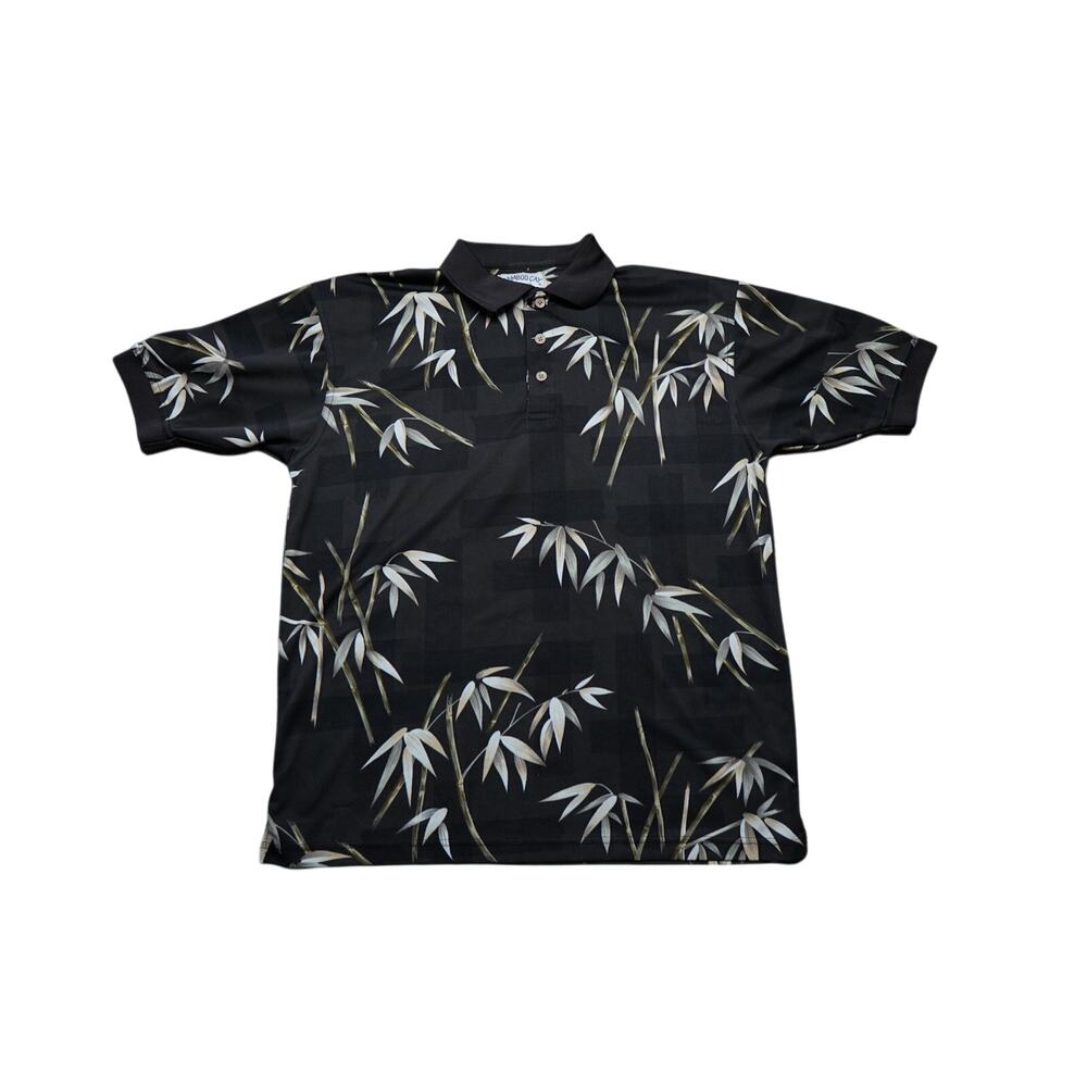 Bamboo Cay Polo Shirt Mens Medium Black Bamboo Print Resort Casual Golf Tee